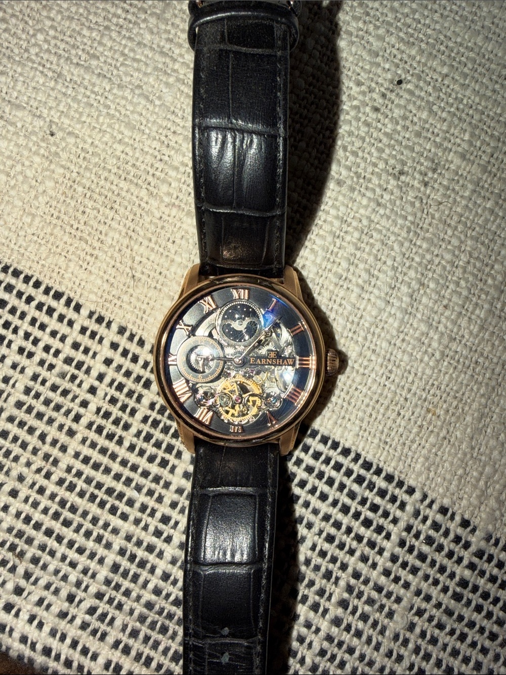 Men's Black Leather Strap Skeleton Watch with Rose Gold-Tone Case